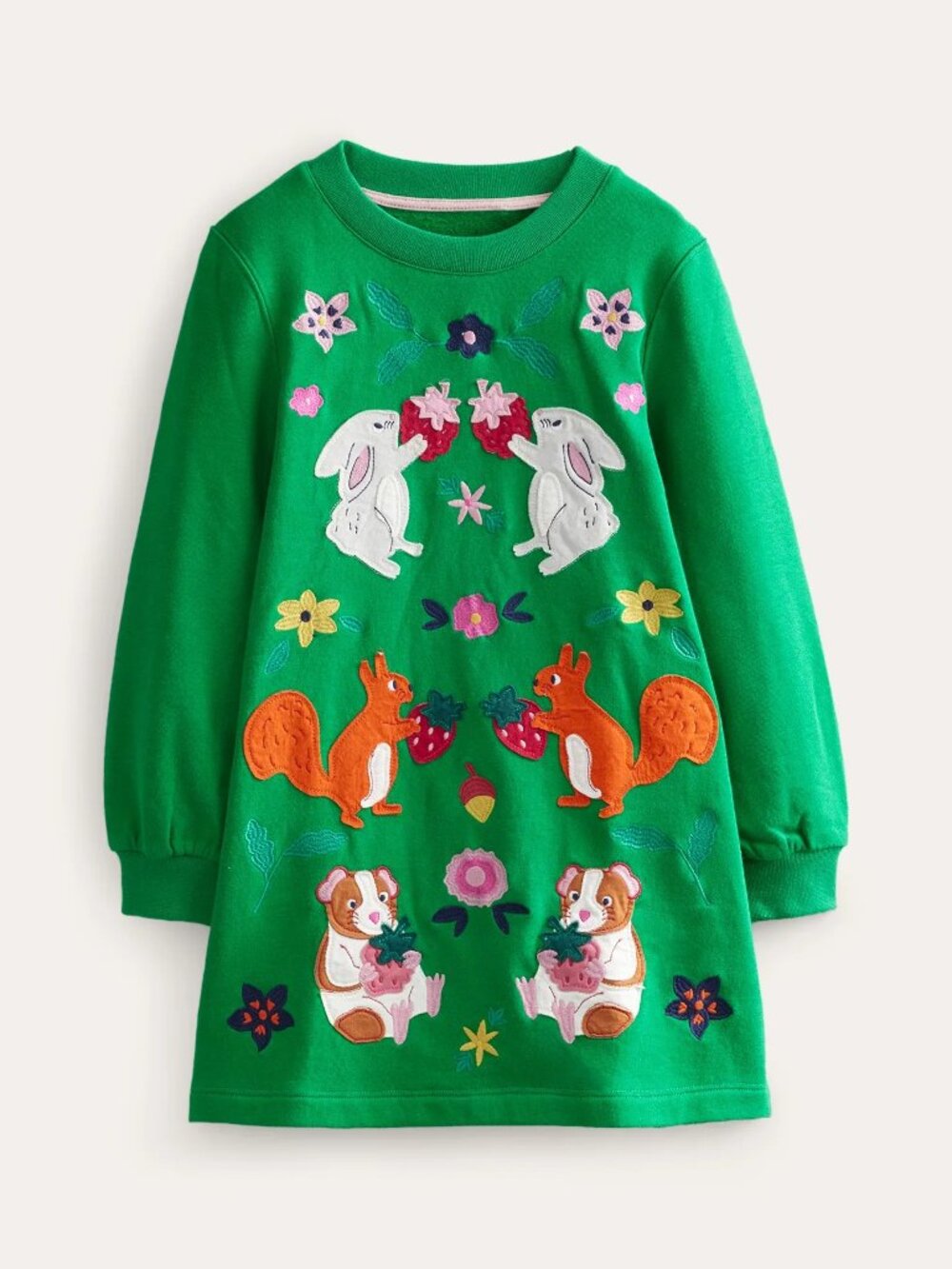 Mini Boden Cosy Appliqué Sweatshirt Dress Green Long Sleeve Woodland Animal 2-3Y